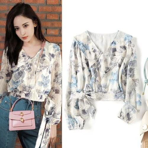 And 2021 spring summer womens new gulina star same Ruffle chiffon shirt ink printing top