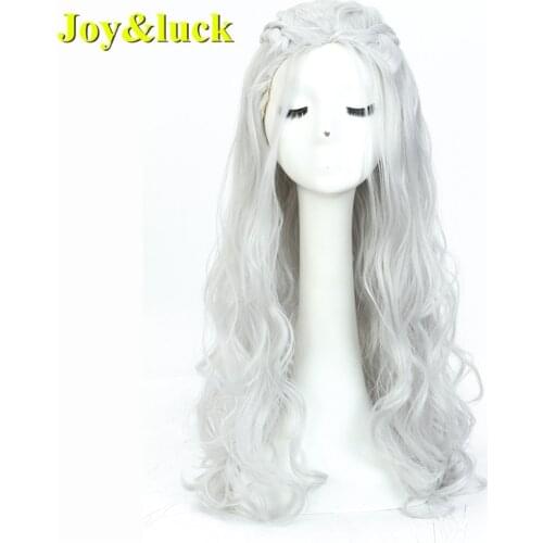Joy&luck Long Natural Curly Wig Sliver White Color Synthenic Gold Braided Wig for Women