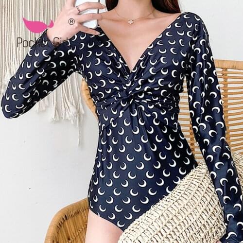 Pocket Girl 2021 Deep V One Piece Swimsuit Women Swimwear Monokini Long Sleeve Printed Female Bathing Suit Surfing Bodysuit