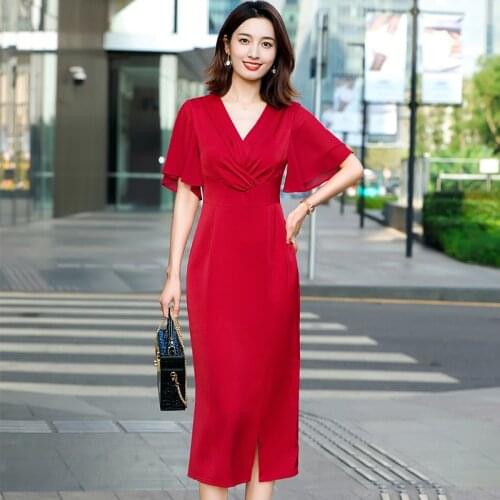Red scheming female high-end professional wear overalls over the knee sexy high-end temperament slim dress