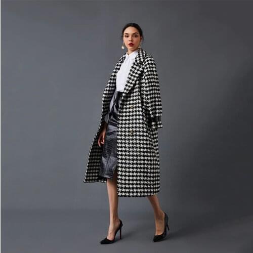 Black And White Houndstooth Wool Blend Oversized Coat Soft Warm Winter Retro Elegant Jacket For Spring And Autumn Retro Season