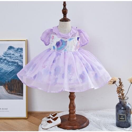 Summer Dress Girl Costume Purple Mesh Print Short Sleeve Princess Dresses Birthday Party Clothes