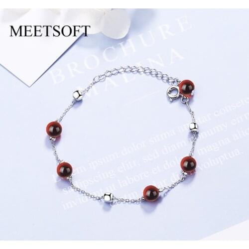 MEETSOFT New Fashion 925 Silver Accessories Trendy Garnet Bracelets For Women Simple Small Red Bead Popular Jewelry Gift