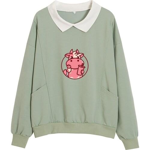 Kawaii Dairy Cow Cotton Harajuku Sweatsuit Women Aesthetic Sweatshirt Pink Tops Casual Pullover Jumper Long Sleeve for Teen Gift