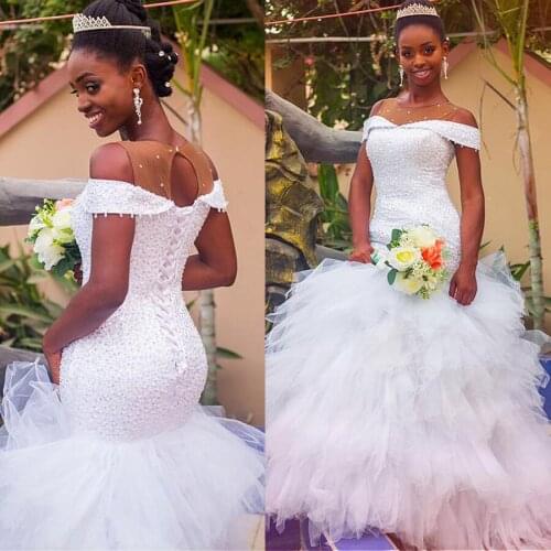Fashionable Off the Shoulder Tulle Jewel Neckline Mermaid Wedding Dress With Beadings Ruffles Tulle Bridal Gowns