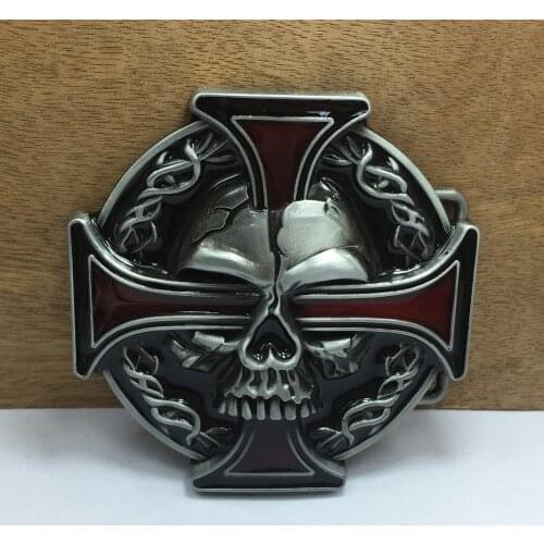 BuckleClub wholesale retro color enameled cross skull jeans gift belt buckle FP-03164-1 PEWTER FINISH for men 4cm width loop