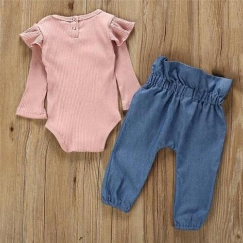 Autumn Baby Sets Newborn Kids Girls Pit Strip Long-Sleeved Fashion Romper Bodysuit+Denim Pants Jeans Set Outfits