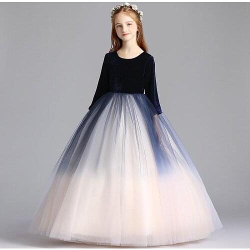 Flower Girl Dresses Illusion Luxury Gradient Blue Princess Lace O-Neck Full Floor-Length Tulle Elegant Cute Kids Party Gown H133