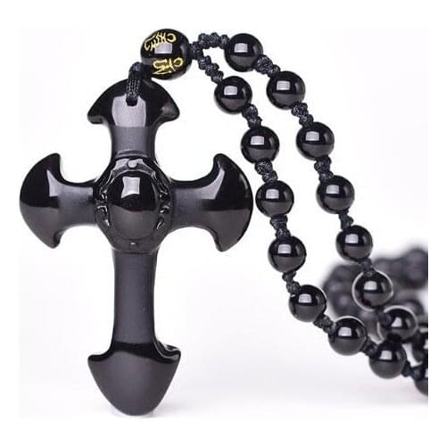 Drop Shipping Natural Black Obsidian Carved Cross Lucky pendant free beads necklace for woman man Hand carved Pendants Jewelry