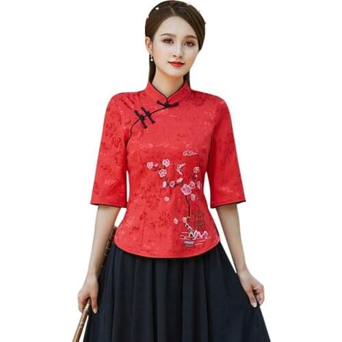 Sheng Coco Jacquard Cotton Improved Cheongsam Tops Female Summer 4XL Tang Suit Chinese Style Embroidery Plum Shirt Blouse Set