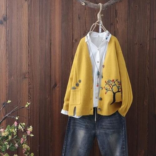 Long Sleeve Knitted Cardigan Womens Art Model Jacquard Fashion 2021 V-Neck Sweater Coat Autumn Winter New Loose Top Jackets Wear