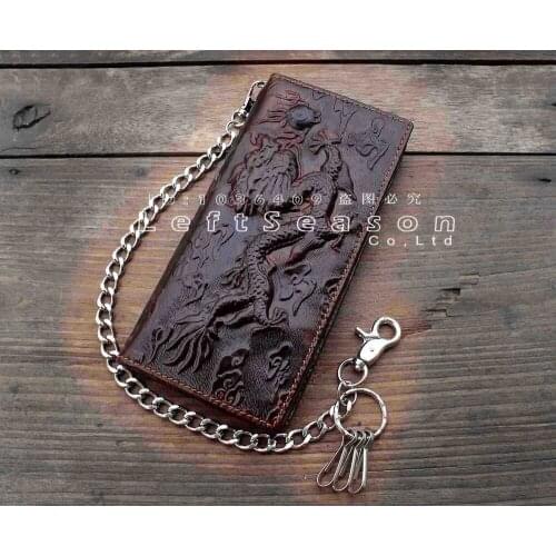 Vintage Biker Trucker Chain Leather Wallet With Dragon Tatto For Mens Boys
