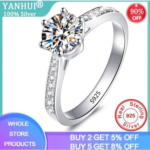 YANHUI Authentic 925 Sterling Silver Rings Round 1 Carat Zirconia Diamond Finger Rings for Women Wedding Original Silver Jewelry