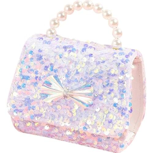 Girls Shiny Sequins Handbag Glitter Pearl Handle Bow Princess Shoulder Bag Phone Clutch Portable Crossbody Bag with Chain Strap