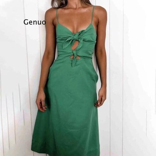 Hollow Out Bow 2021 Summer Dress Women Spaghetti Strap Backless Sexy Midi Dresses Female Zipper Holiday Beach Sundress