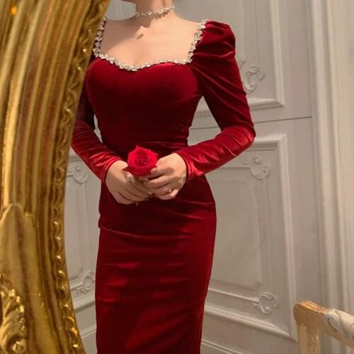 2021 Autumn and Winter New Glamorous Woman Slim Heavy Industry Light Luxury Version Beaded Mid-length Black Gold Velvet Dress1