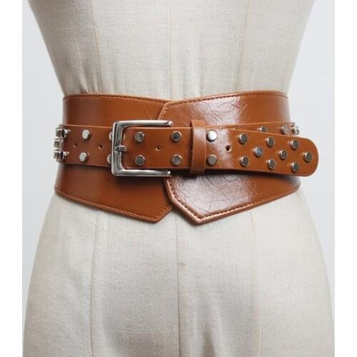 Womens runway fashion rivet pu leather Cummerbunds female Dress Corsets Waistband Belts decoration wide belt R3204