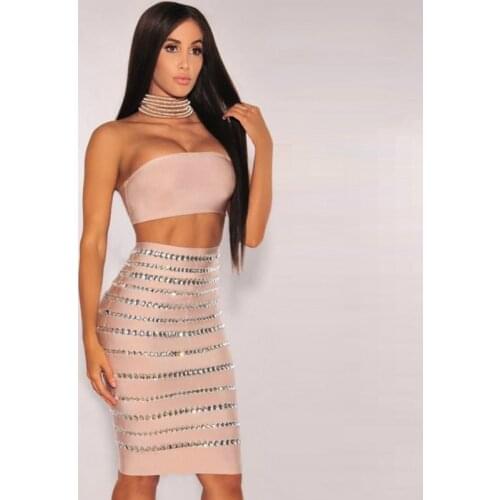 High Quality Celebrity Sparkly Beading Two Pieces Set Sexy Rayon Bandage Dress Evening Party Dress Vestidos