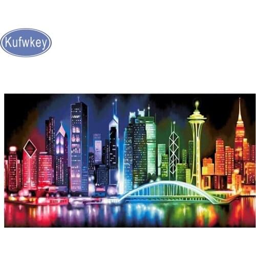 Kufwkey New york Diamond Embroidery Landscape Bright Lights,DIY Diamond Painting Cross Stitch Full Square Picture Of Rhinestone
