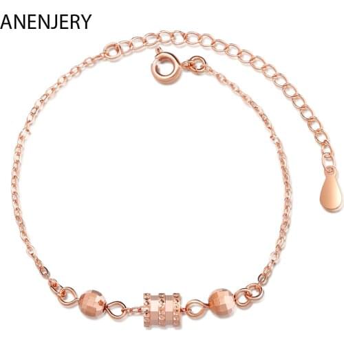 ANENJERY 925 Sterling Silver Exquisite Luck Bead Cylinder Geometric Link Chain Bracelet Jewelry Party Gift S-B296