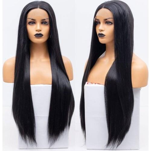 Long Silky Straight Synthetic Front Wig Black Heat Resistant Fiber Hair Natural Hairline Middle Parting For Women Party Wigs