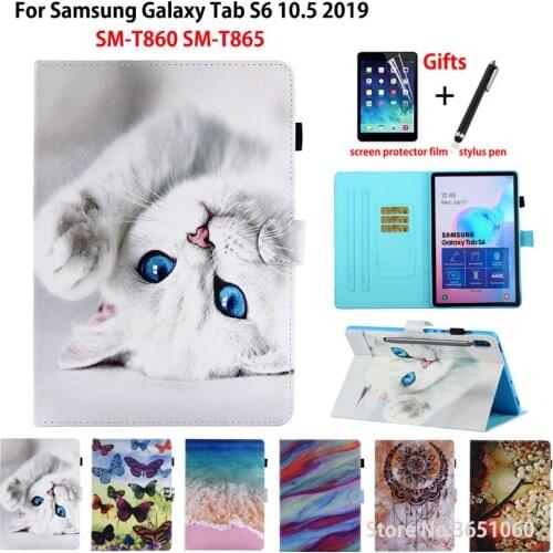 SM-T860 Case For Samsung Galaxy Tab S6 10.5 SM-T865 T860 2019 10.5" Smart Cover Funda Cartoon Cat Stand Shell Coque +Film+Pen