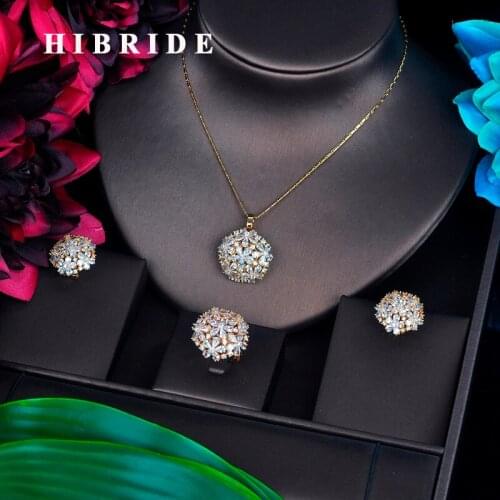 HIBRIDE Elegant Shinny High Quality Cubic Zirconia Jewelry Set For Women Gold Color Ring/Earring/Necklace Jewelry Set Gift N-511