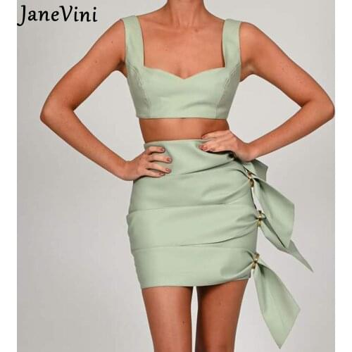 JaneVini Fashion Light Green Pu Leather Two Piece Sets Crop Top+Mini Skirt Sexy Party Club Winter 2pcs Sets Solid Womens Outfits
