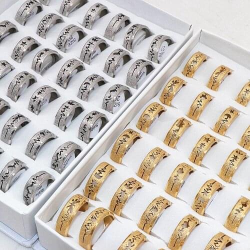 Wholesale 36 Pcs/lot Gold/Silver Scrub Laser Cut Stainless steel Rings Mens ring polished inside