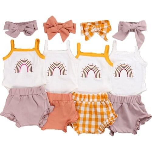 0-24M Newborn Infant Baby Girls Boys Clothes Sets Rainbow Print Sleeveless Romper Tops Shorts Headband