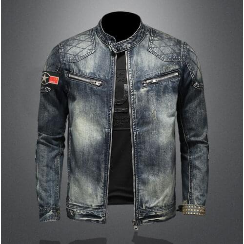 Denim Motorcycle Jacket Casual Fashion Washed Old Design Coat Badge Zipper Jackets Spring Autumn Stand Collar Male Clothes