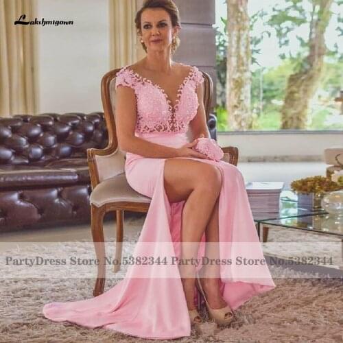 Lakshmigown Elegant Women Pink Satin Long Mother Bride Dress 2020 For Weddings Sexy Evening Dinner Party Dresses Lace Beadings