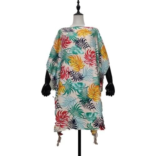Malaysia Leaf Pattern Cotton Short Midi Dress For Women Dashiki African Womens Batwing Sleeve Kaftan Gowns
