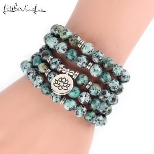 Little Minglou greenweed crystal Natural Stone 108 Mala Lotus Bracelet or Necklace Reiki Charged Buddhist Rosary Bracelet