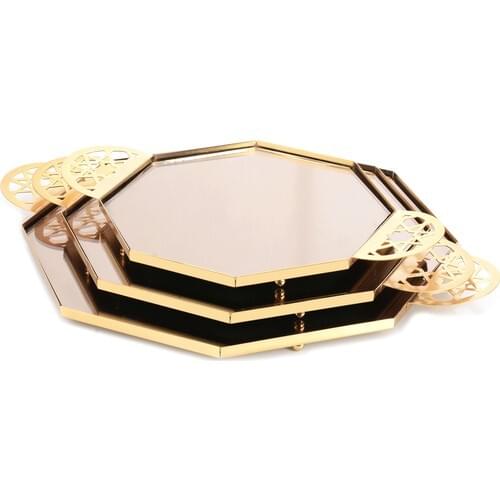 Press Honeycomb Laser Handle Tray Set Set of 3 Gold Color Presentation Tray Aid Mubarak Decoration Ramadan Kareem