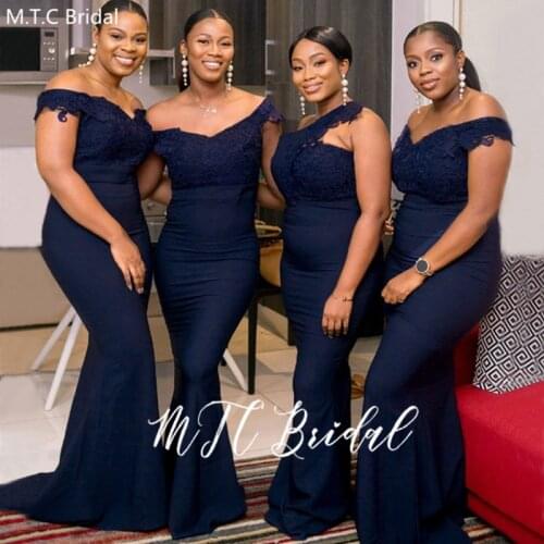 New 2020 Navy Blue African Bridesmaid Dresses V Neck Mermaid Lace Wedding Guest Dress Robe Demoiselle Honneur Customize