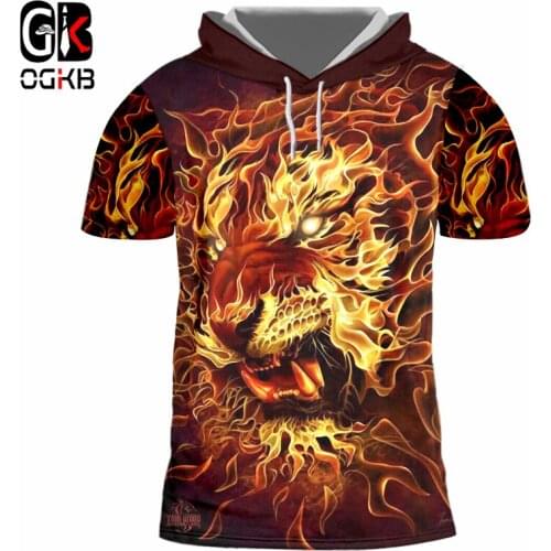 OGKB Hiphop Casual Short Sleeve Hoodies Pullovers Women/mens Summer Tops 3D Print Flame Lion T-shirt With Hood Unisex Tee Tops