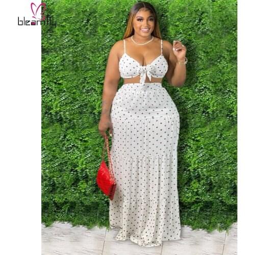 Sexy Summer 2 Piece Set Dot Print Sleeveless Strap V-neck Crop Top + Long Maxi Skirts Vintage Beach Bohemian Two Piece Suits 5XL
