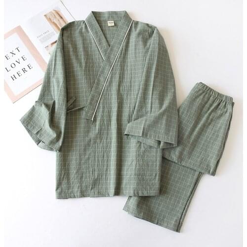 Cotton pajamas gauze kimono mens lattice home service suit bathrobe Japanese steamed clothes bandage hotel sleepwear pijamas