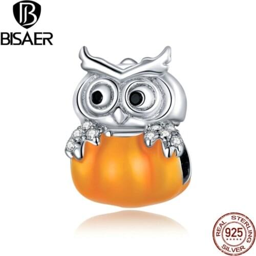 BISAER Pumpkin and Owl 100% 925 Sterling Silver Thanksgiving Heart Charms Fit BSR Charms Silver 95 Original Bracelet EFC342