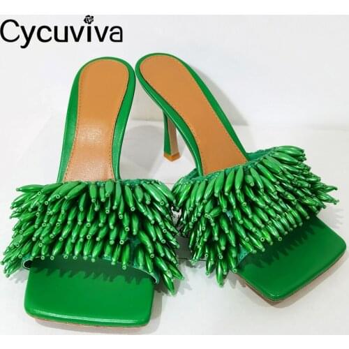Green Beaded Tassel high heel Sandals Women Designer Mules Slides Stiletto Sexy Dress Slippers Massage Sole Summer Party Shoes