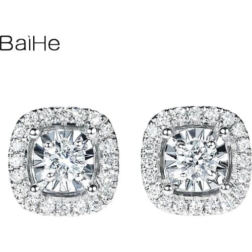 BAIHE Solid 14K White Gold 0.18ct H/SI Round Natural Diamond Earrings Wedding Fine Jewelry Women Square Stud серьги 2020 тренд