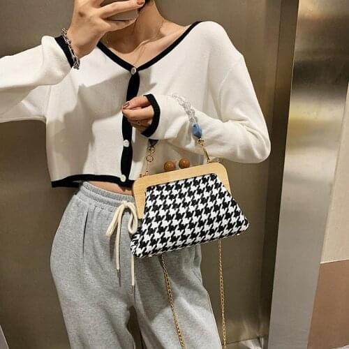 Wooden Clip Plaid Shoulder Bags Womens Chain Beading Handbags Shell Canvas Crossbody Bag Ladies Vintage Designer Top-Handle Bag