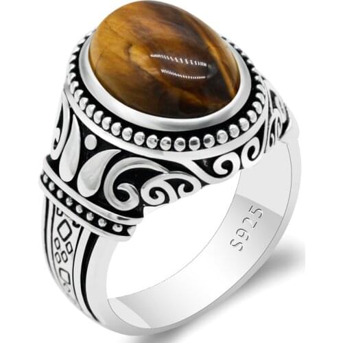 Tiger Eyes Stone Mens Ring 925 Sterling Silver Vintage Totem Oval Natural Stone Turkish Thai Silver Jewelry to Male Women Gift