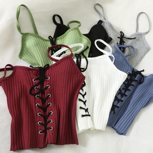OUMEA Women Knitted Rib Cami Top Lace-Up Front Solid Drawstring Eyelet Sleeveless Camis Spaghetti Rib Crop Top Sexy Feminino