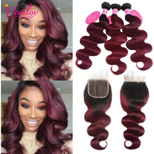 Vanlov 1B/99J Ombre Human Hair Bundles With Closure Brazilian Body Wave Bundles With Closure Remy Hair 3 Bundles With Closure