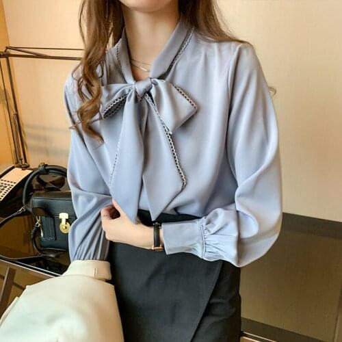 Womens Shirt 2021 Spring New Satin Chiffon Shirt Womens Bow Loose Long Sleeve Western Style Shirt Top