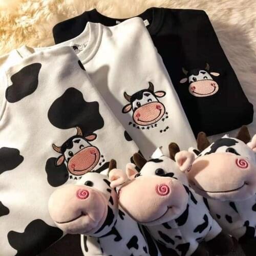 QWEEK Kawaii Cow Print Sweatshirt Women Japanese Harajuku Cute Milk Embroidery Long Sleeve Hoodie Sweatshirt 2021 Fashion Korean