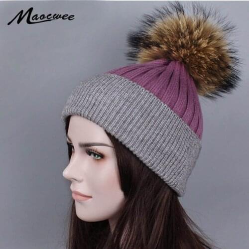 Women Winter Knit Cap Knitted Natural Mink Fur Pompoms Female High-end Knitted Warm Women Winter Hats Thick Beanies Bone Gorro