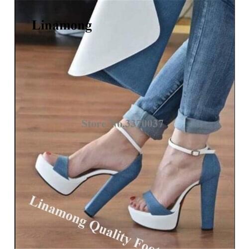 Linamong New Fashion Women Open Toe Patchwork High Platform Chunky Heel Sandals Blue-White Mixed-colors Thick High Heel Sandals